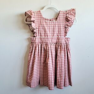 WREN & JAMES Gingham Plaid Cotton Linen Ruffle Dress Rust / Cream